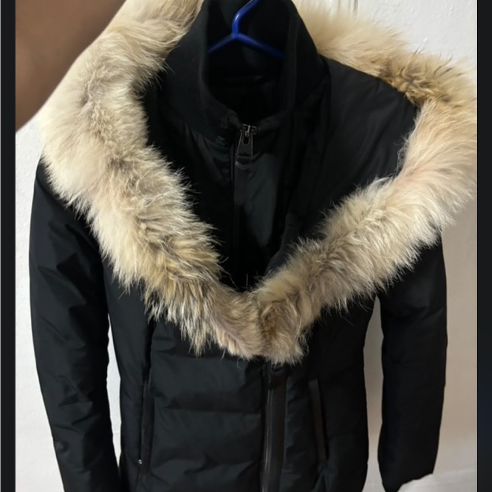 Mackage Black and Cream Puffer Jacket with Fur Trim